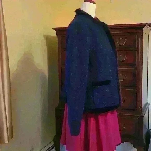 Talbots Navy Blue Wool Knit Blend Black Faux-Fur Trim Shetland Jacket Si… - Picture 4 of 16